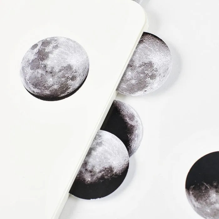 Black moon phase and planet decorative sticker set with 45 pieces on self-adhesive paper.