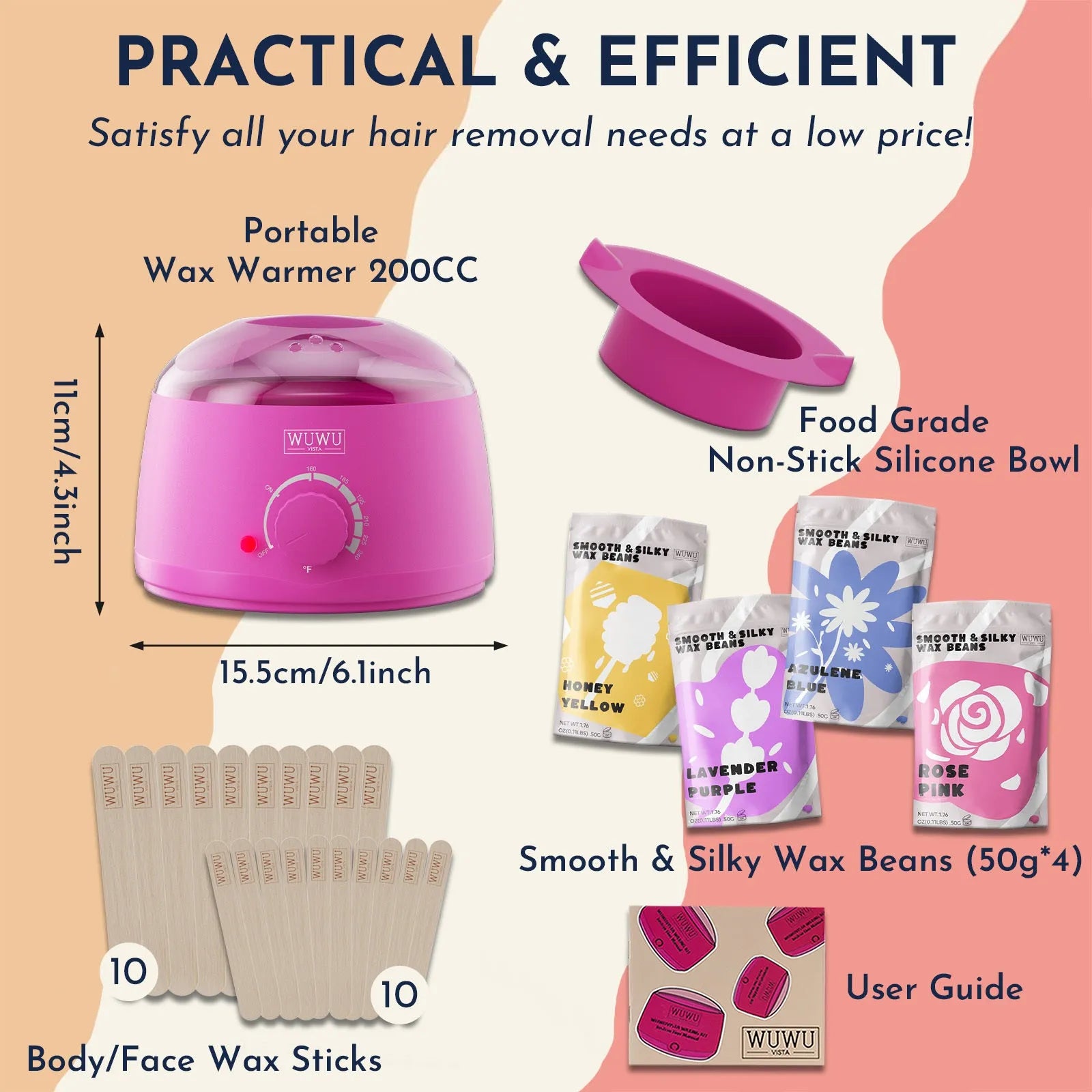 27-piece hair removal waxing kit with four coloured wax beads, wax warmer, sticks, and guidebook