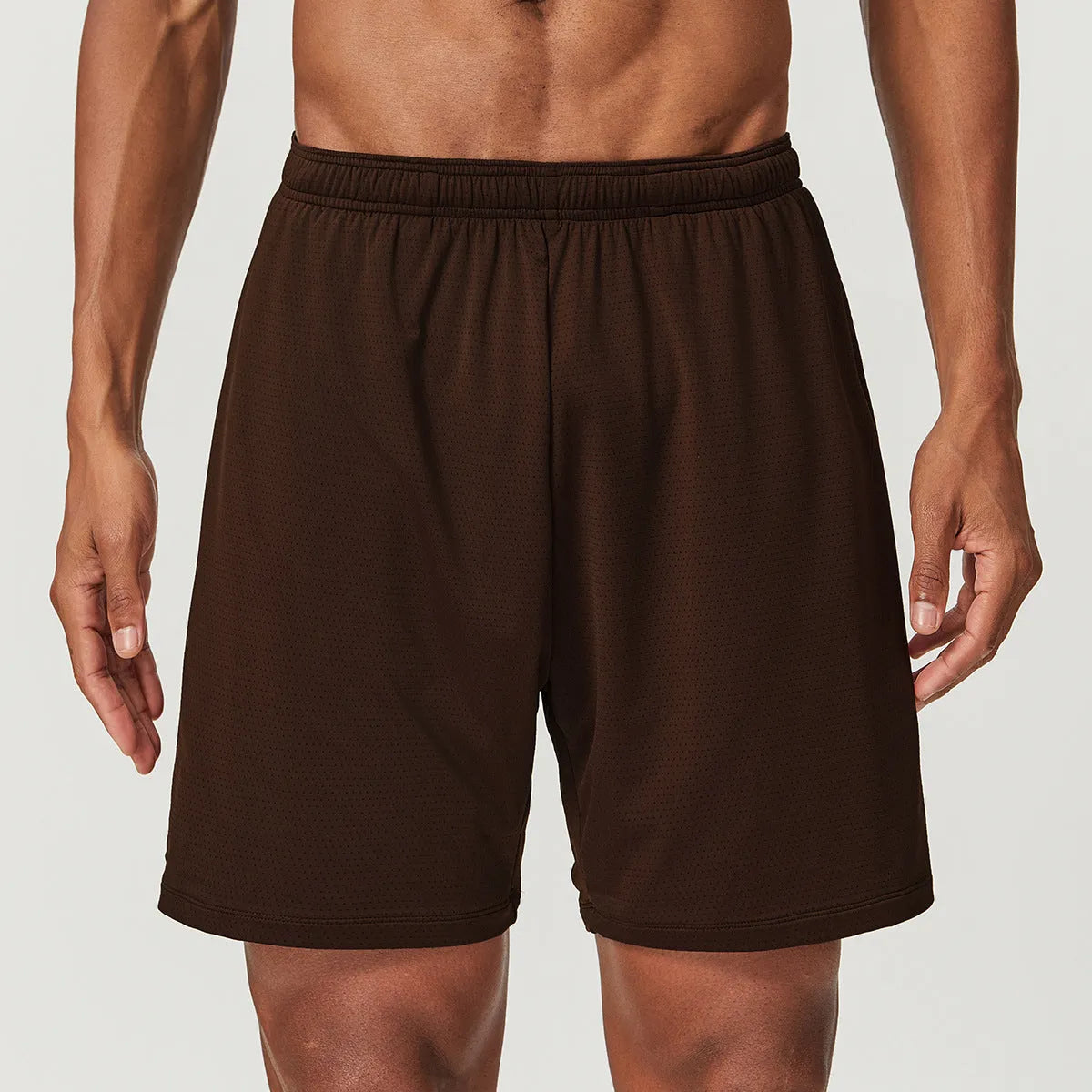 Men's quick-dry nylon double-layer running shorts in dark brown, shown laid flat.