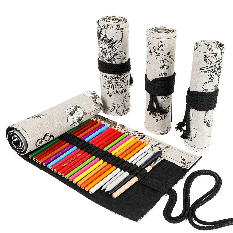 Black peony floral print canvas pencil roll bag unrolled to show 24 or 72 holes for pens.