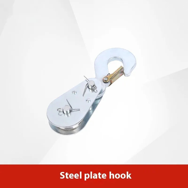 Red industrial lifting pulley with a forged steel safety latch hook and wire rope wheel.