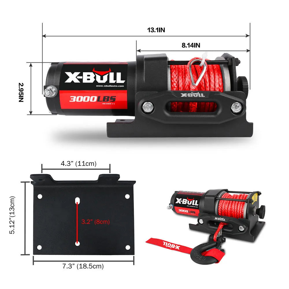 Black electric winch with nylon rope on off-road vehicle for self-rescue