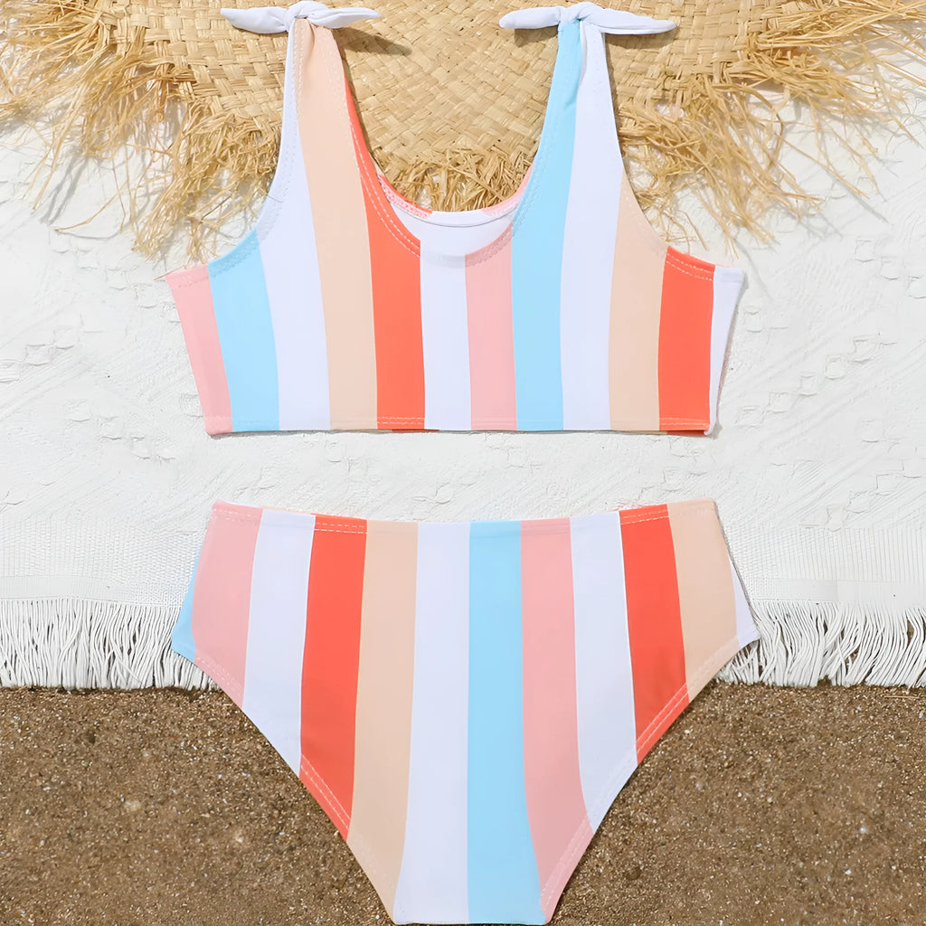 Girls' colourful plaid print swimsuit set with bra and briefs for swimming