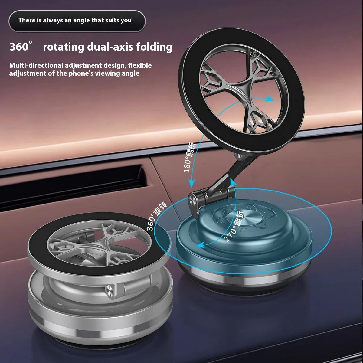 Vacuum adsorption car phone holder in Deep Space Gray with electric magnetic rotating folding stand for smartphones over 4.7 inches