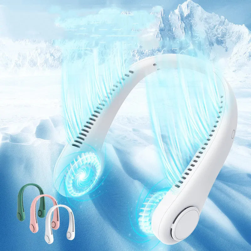 A white rechargeable bladeless neck fan hanging around a person's neck, showing its compact, hands-free design.