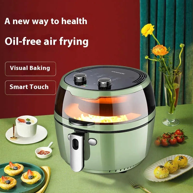 Visible air fryer oven with mechanical buttons and 8-litre nano-ceramic coated pot
