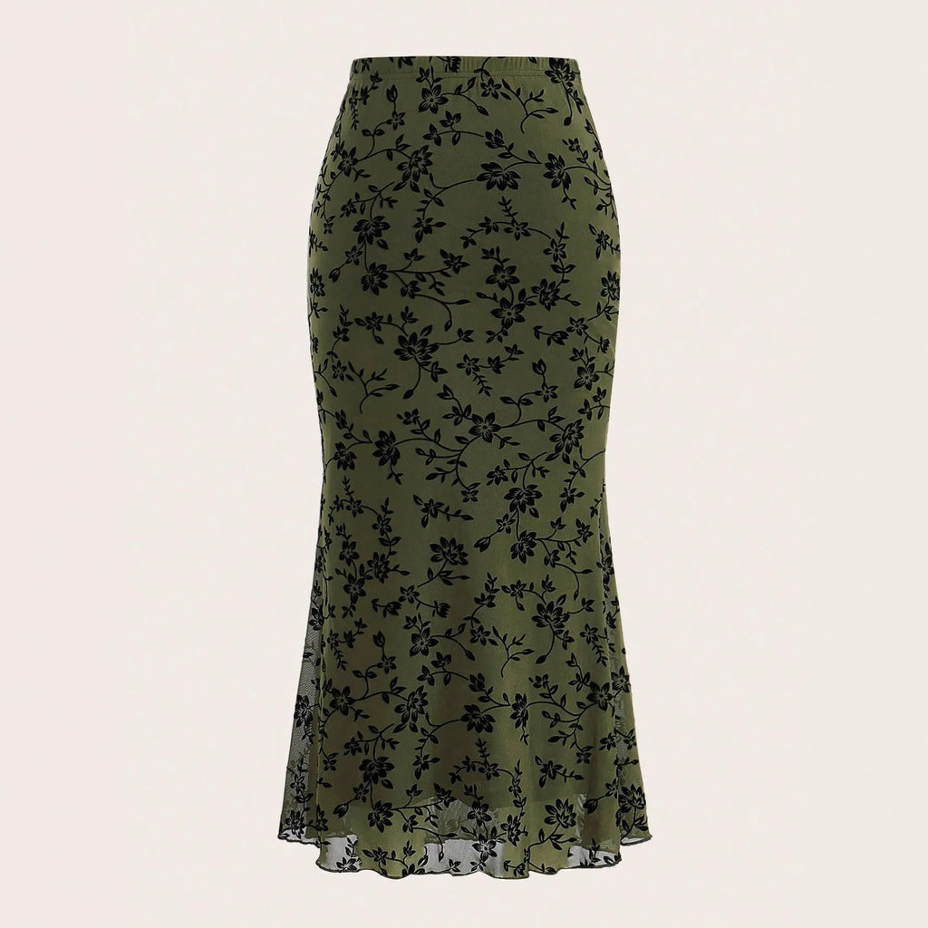 Dark green floral half-length fishtail skirt for women with polyester fabric and elastic waist