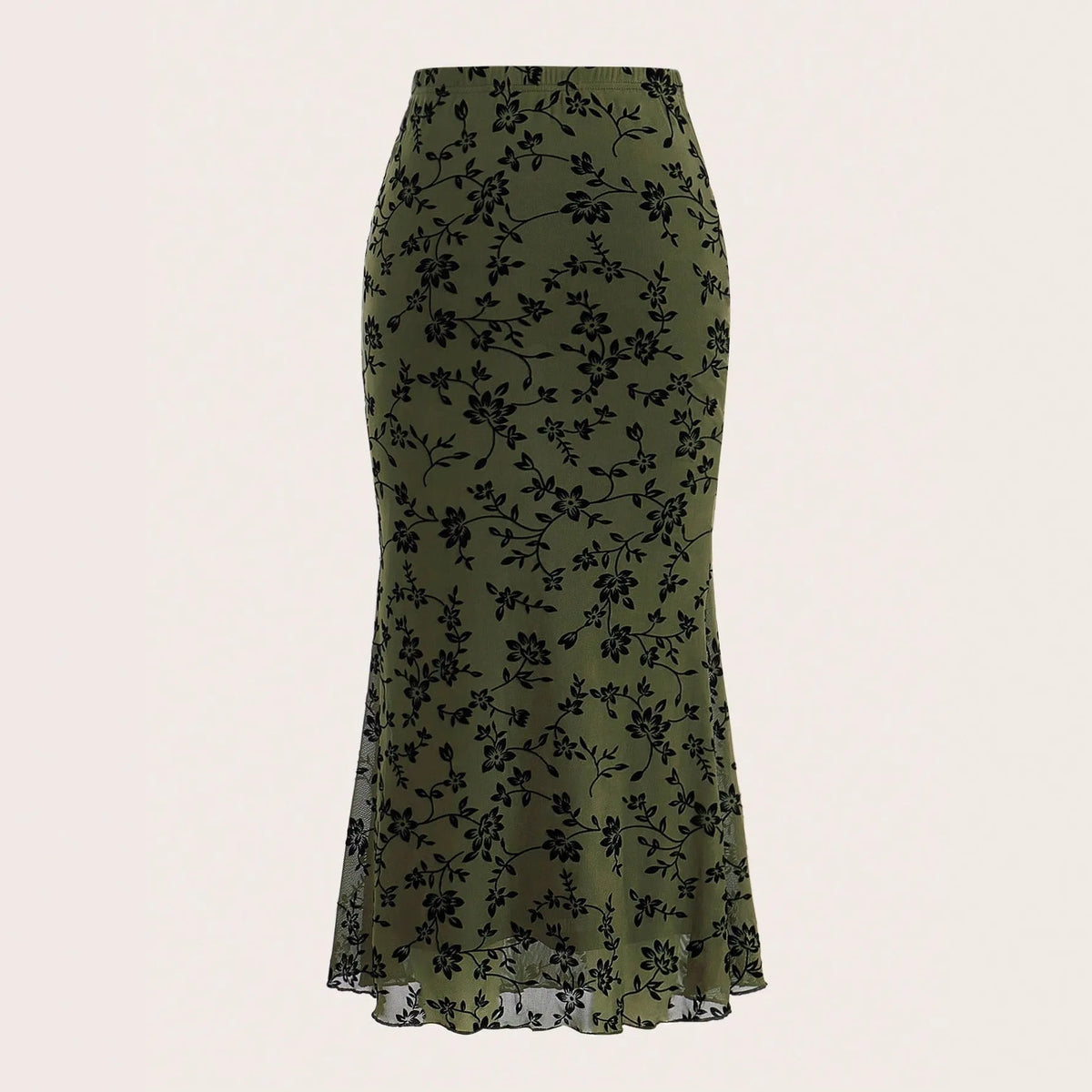 Dark green floral half-length fishtail skirt for women with polyester fabric and elastic waist