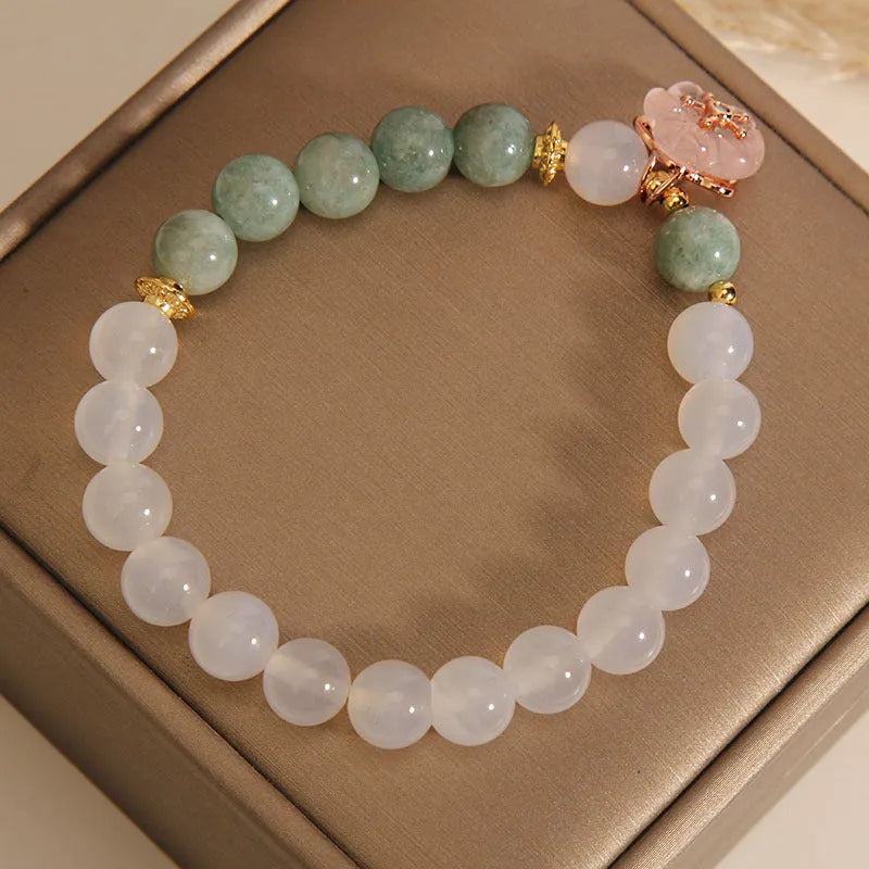 Women's emerald agate crystal bracelet with jadeite flower pendant and white agate beads