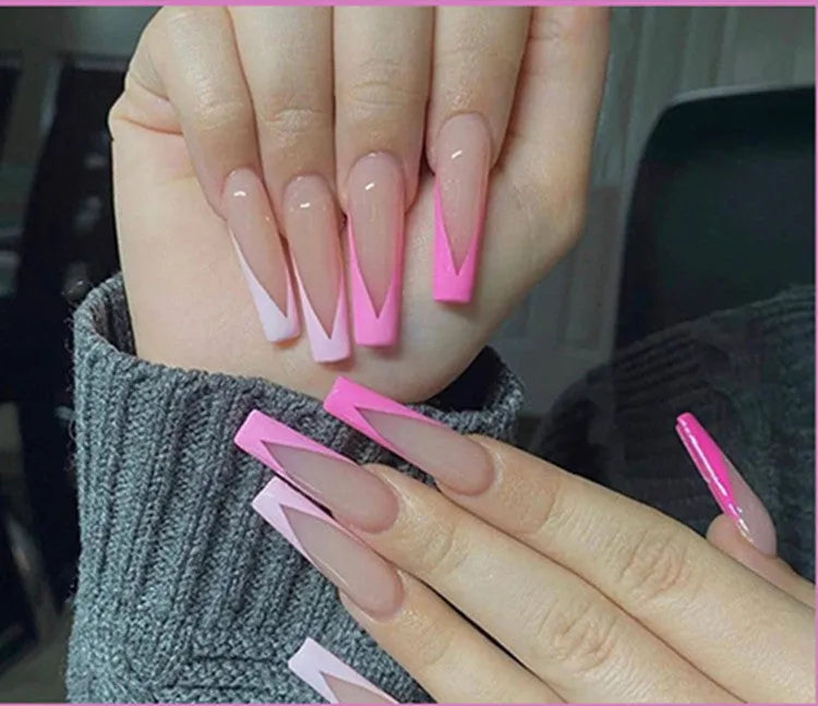 French European long ballet fake nails in W018 Pink French Glue colour with glue for manicure