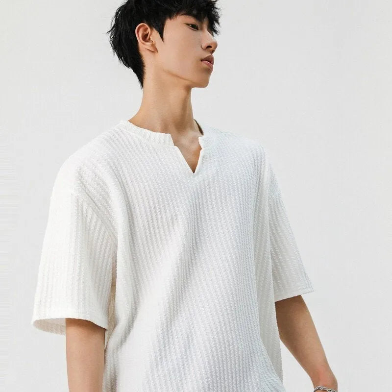 Men's casual loose fit short sleeve V-neck t-shirt in solid beige colour with drop shoulder design
