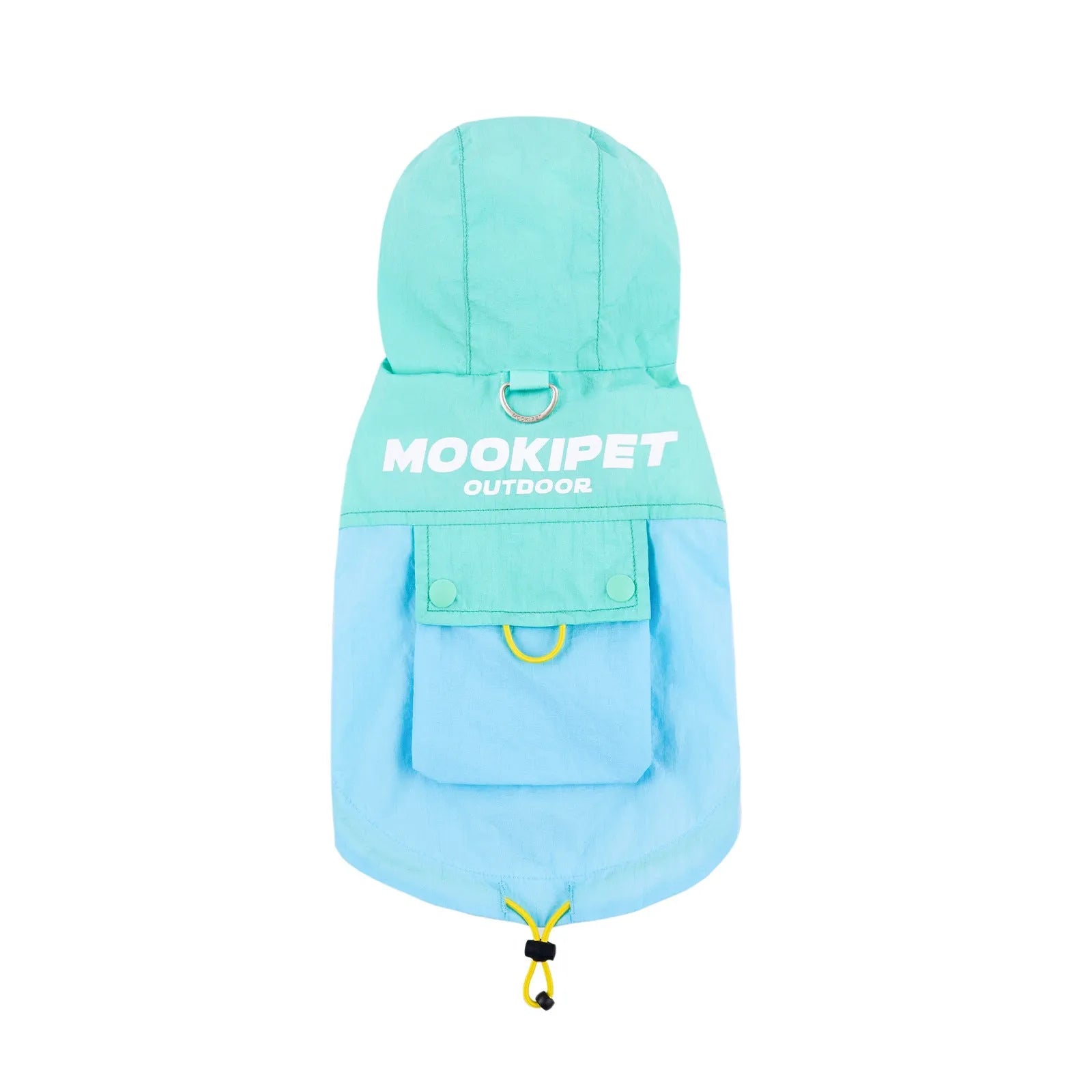 Mookipet 100% nylon dog sun protection vest in blue and green, side view showing traction point, for small dogs sizes XXS to XXL