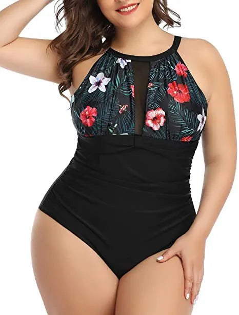 Women's black lace one-piece swimsuit on a hanger, with red floral and striped pattern options shown
