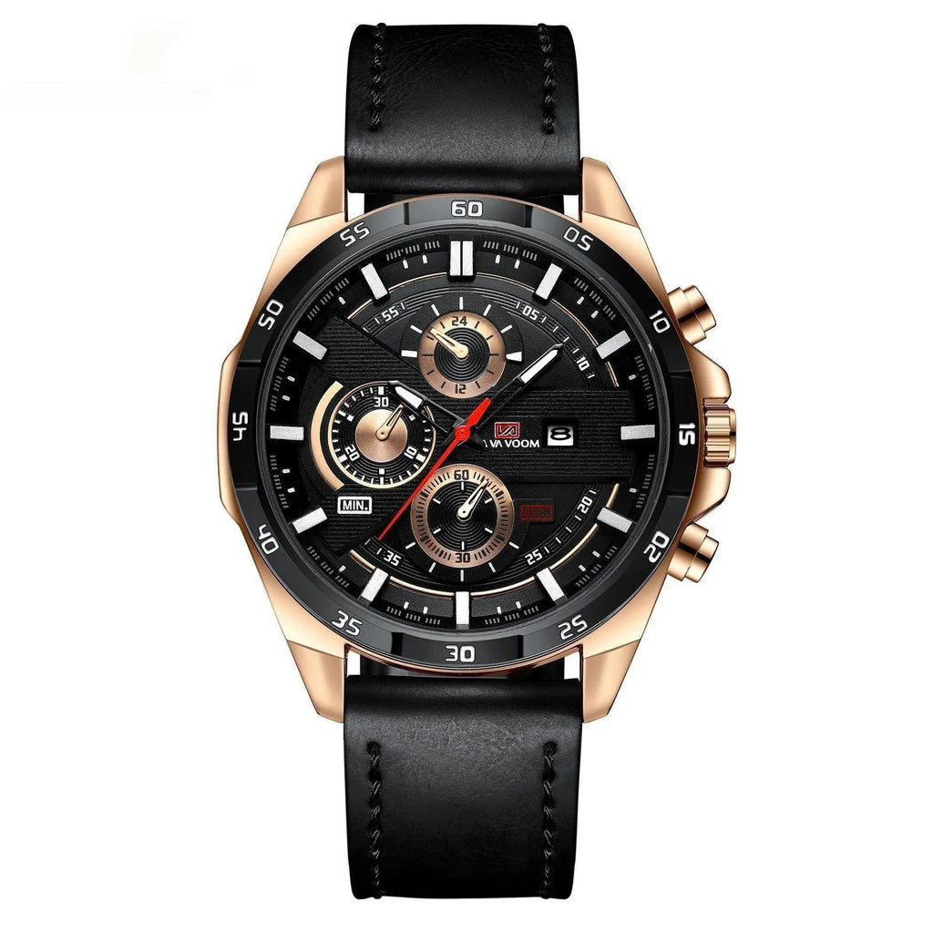 Men's casual quartz watch with calendar display and black belt rose gold finish