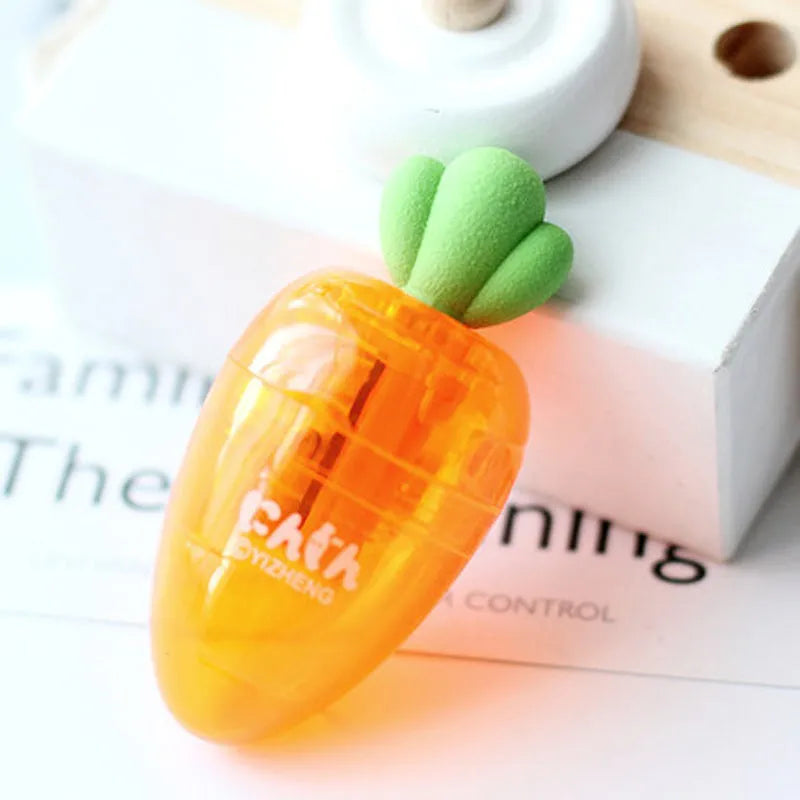 Carrot-shaped plastic pencil sharpener with 7cm handle in carrot colour