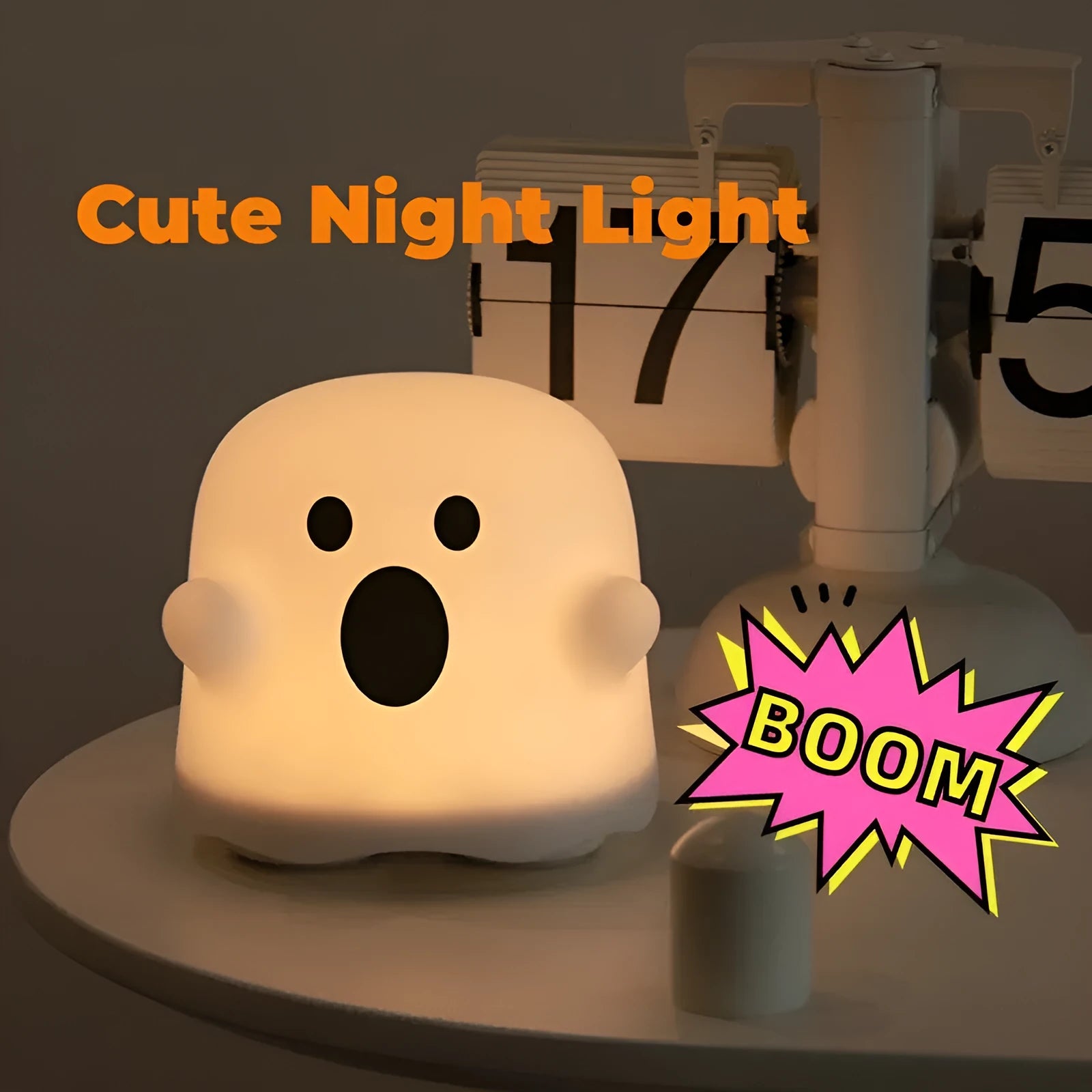 White silicone bedside night light with touch sensor base on wooden table