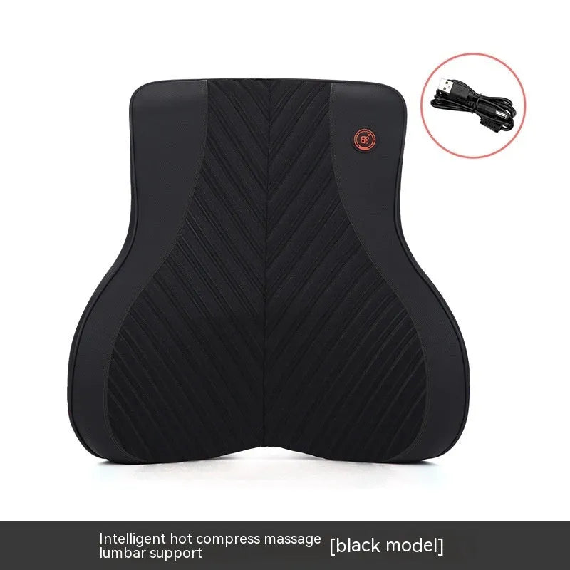Black and orange electric heating massage car headrest and lumbar support cushion on a car seat.