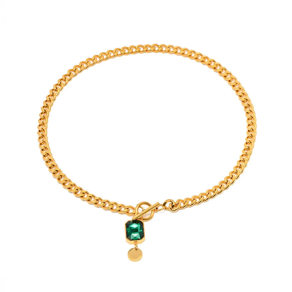 French retro style necklace with geometric zircon pendant on gold electroplated titanium steel chain