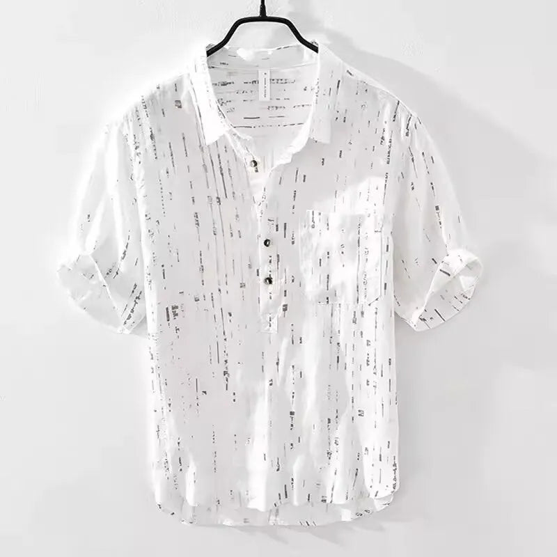 Men's black and white cardigan-style polo shirt with lapel collar and short sleeves