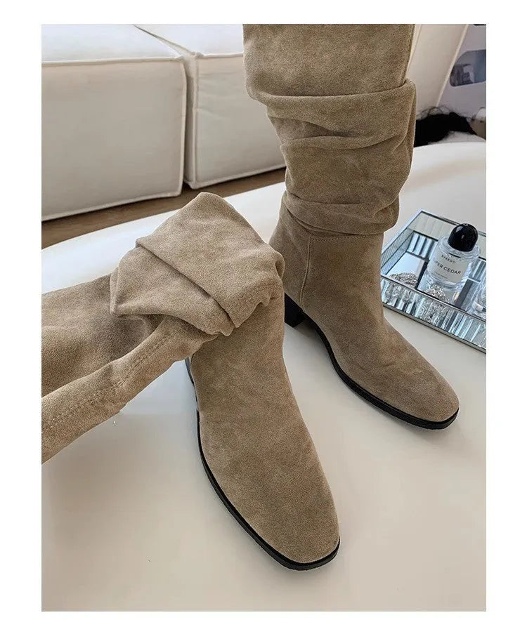 French mid-calf khaki suede western boots with height-increasing insole 5cm cloth lining