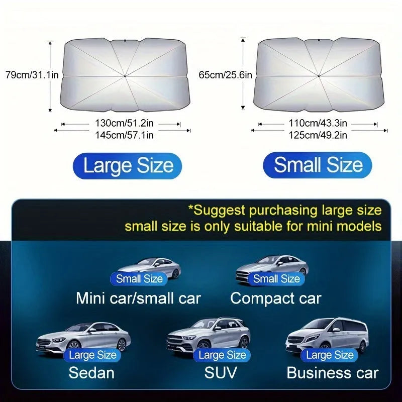 Foldable car windshield sunshade umbrella shown open against vehicle glass