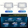 Foldable car windshield sunshade umbrella shown open against vehicle glass