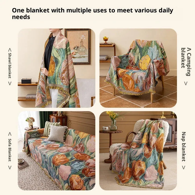 Oil painting cotton braided sofa slipcover with geometric pattern on a beige sofa, vintage colours, full coverage design