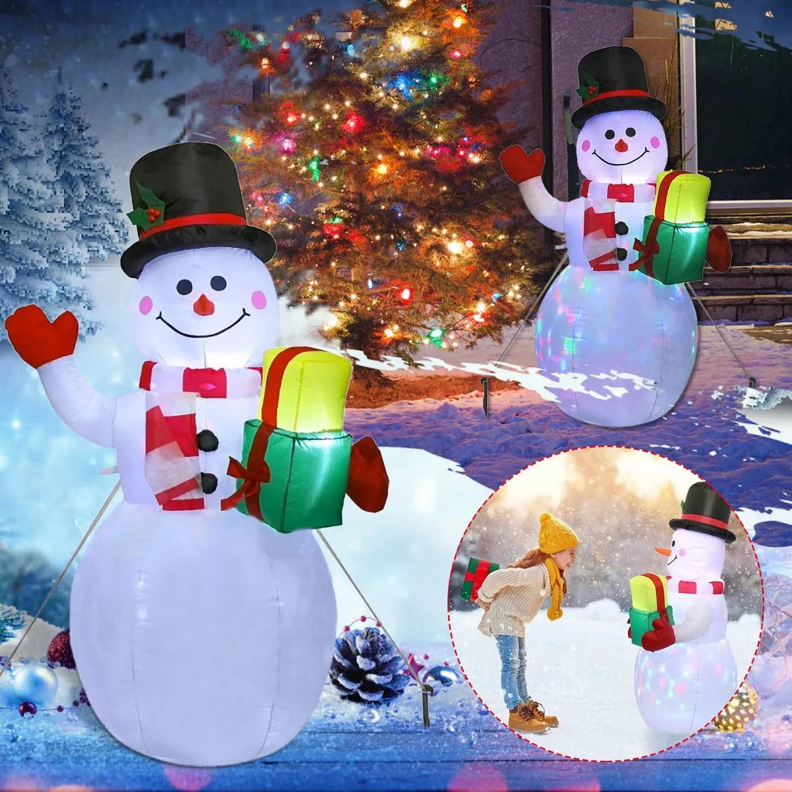 Glowing LED inflatable Christmas decoration showing Santa, tree, or snowman for outdoor garden use