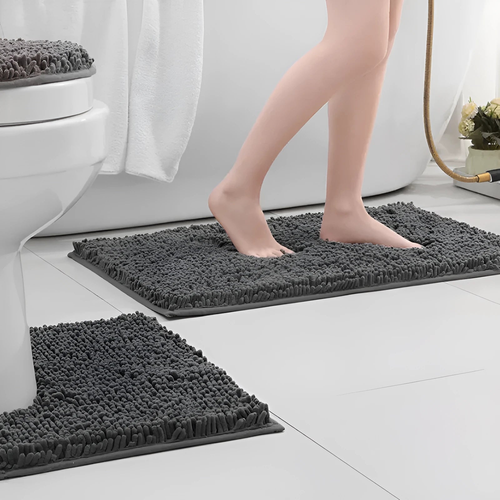 Chenille long hair three-piece bathroom mat set showing square, rectangular, and U-shaped pieces in a modern colour.