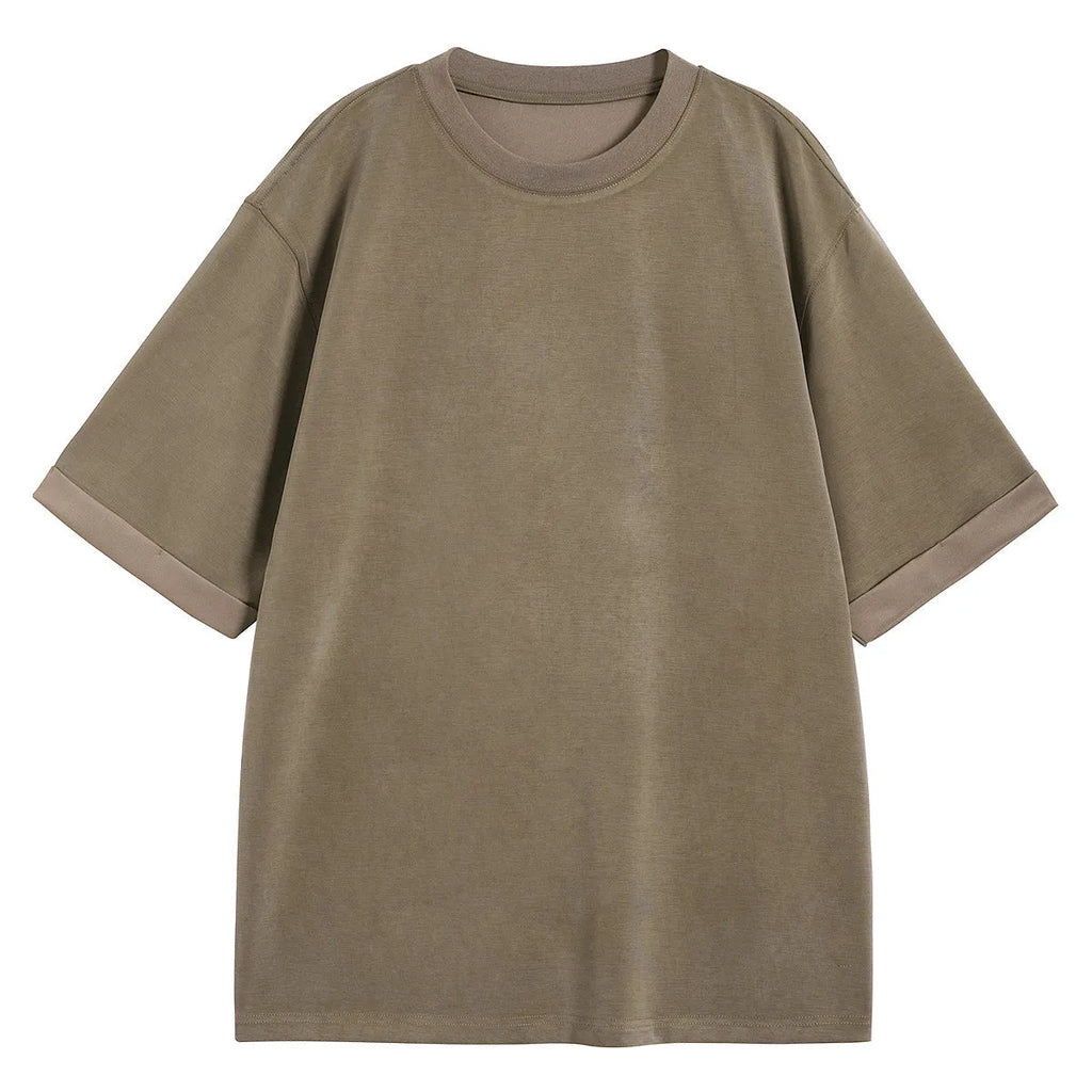 Men's drape knit loose fit t-shirt in polyester blend fabric showing black, brown, and white colour options