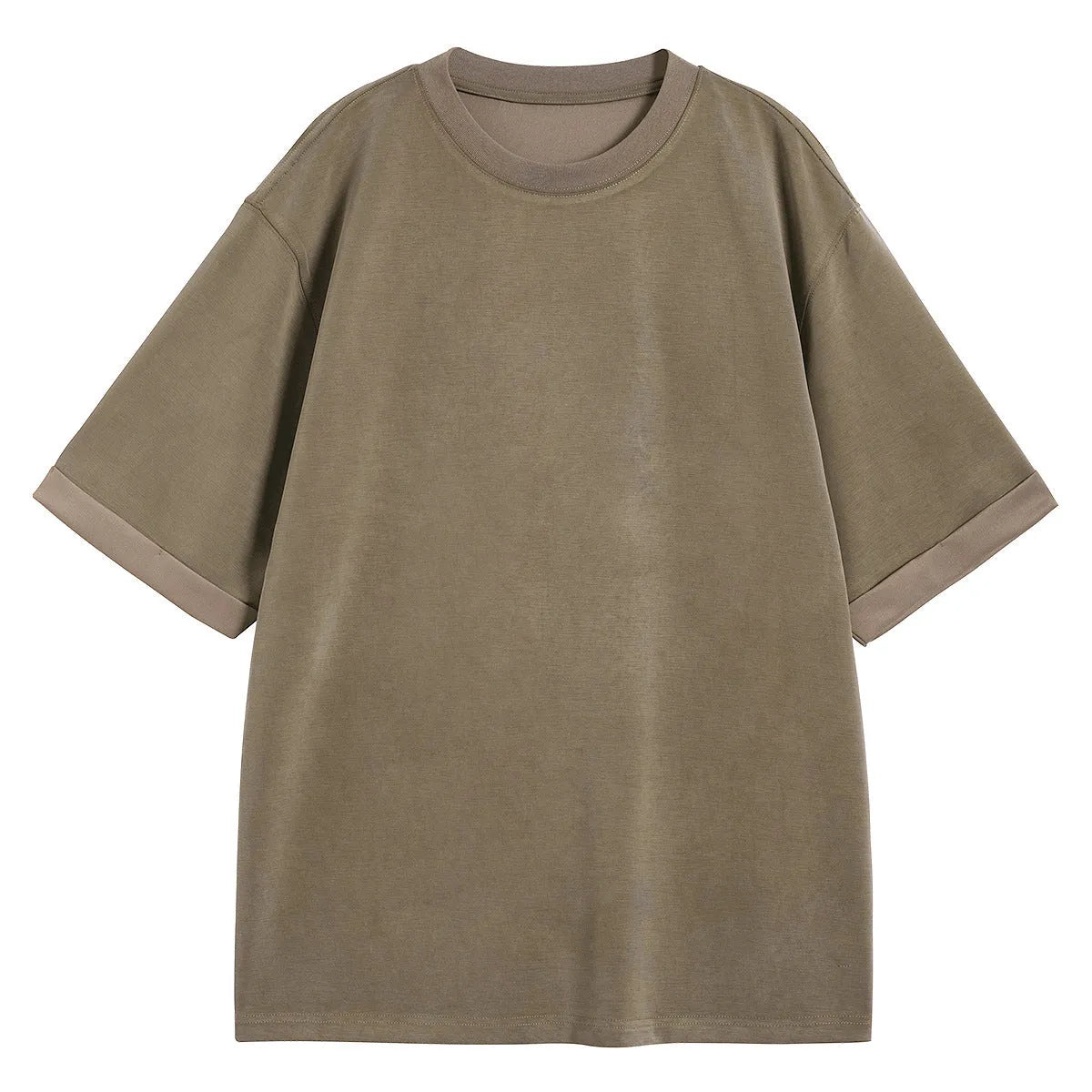 Men's drape knit loose fit t-shirt in polyester blend fabric showing black, brown, and white colour options