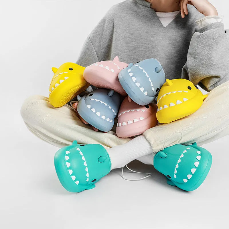 Cartoon shark EVA slippers in yellow couple colour with Baotou closed-toe style and thickened sole
