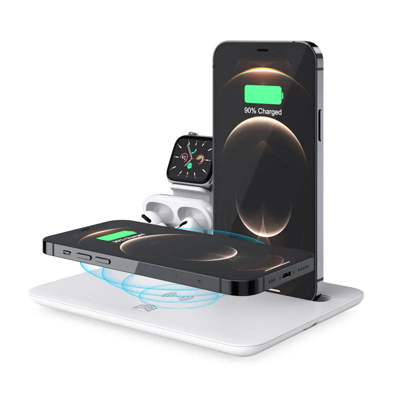 White desktop wireless charging station for phone, smartwatch and headphones showing compact design.