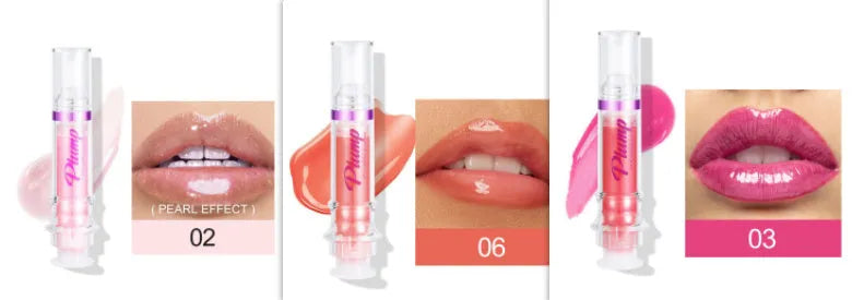 Tube of lip gloss showing shiny finish, available in six different colour shades.