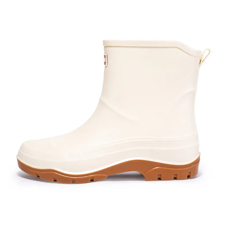 Women's short plastic waterproof rubber shoes in black, shown on a white background.