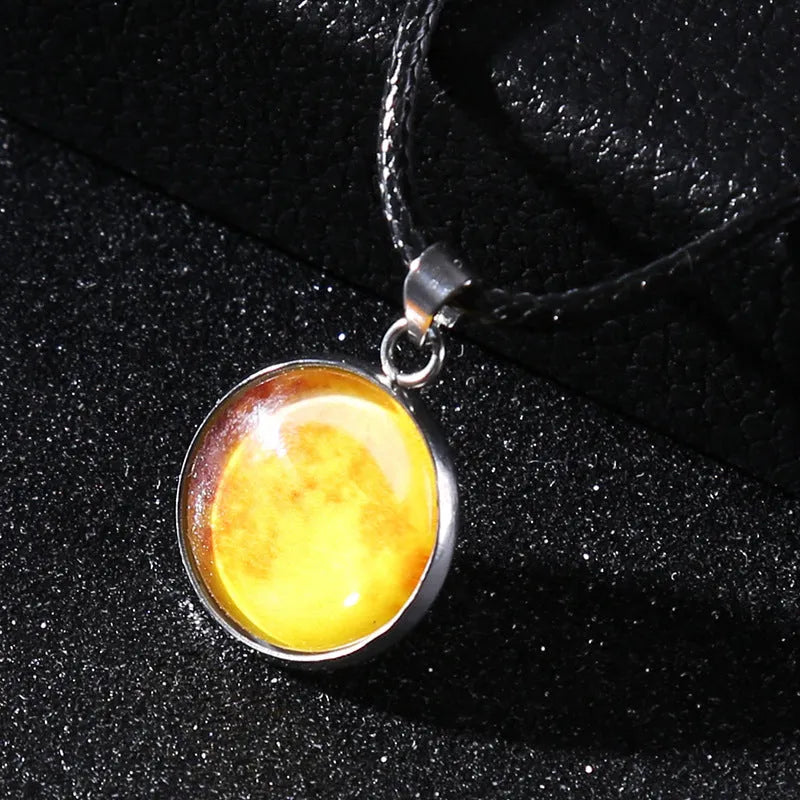 Moon night sky constellation glass pendant on a luminous alloy necklace chain with extension.