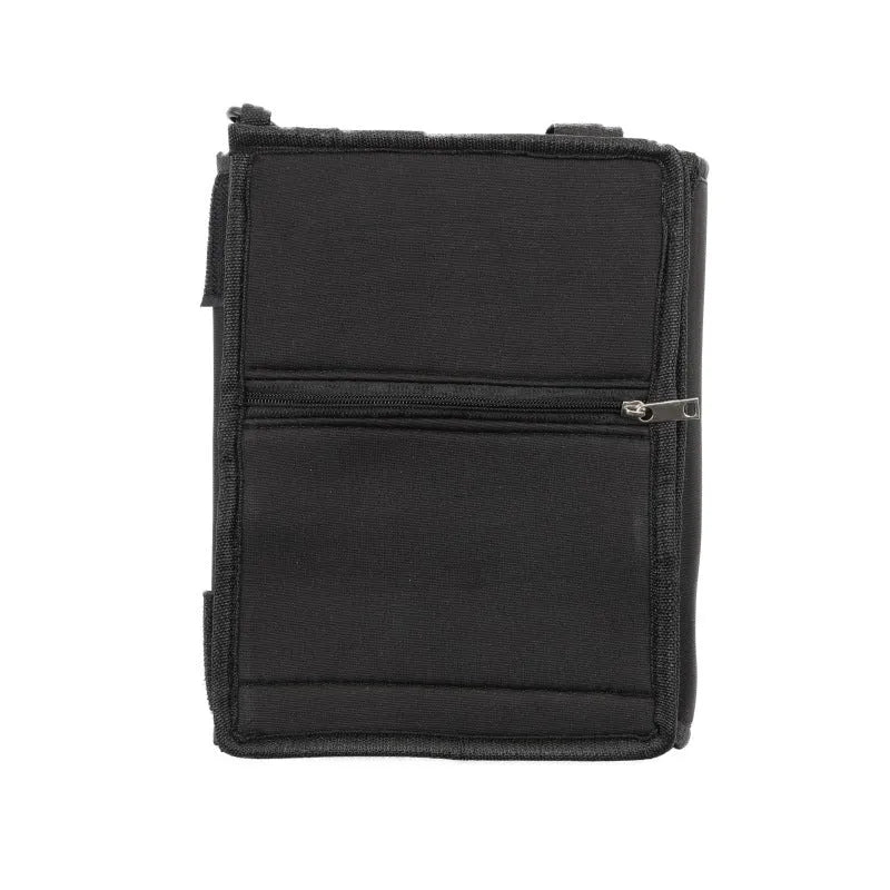 Black canvas folding travel tote bag with shoulder strap for packing and shopping