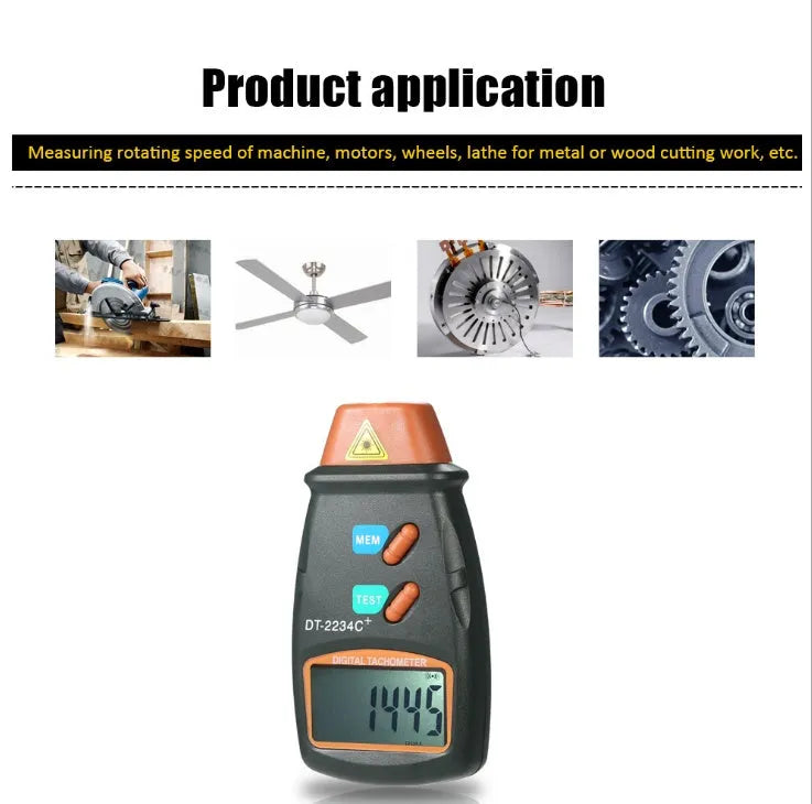 Digital tachometer in dark grey ABS plastic with 5-digit LCD display and black buttons on white background