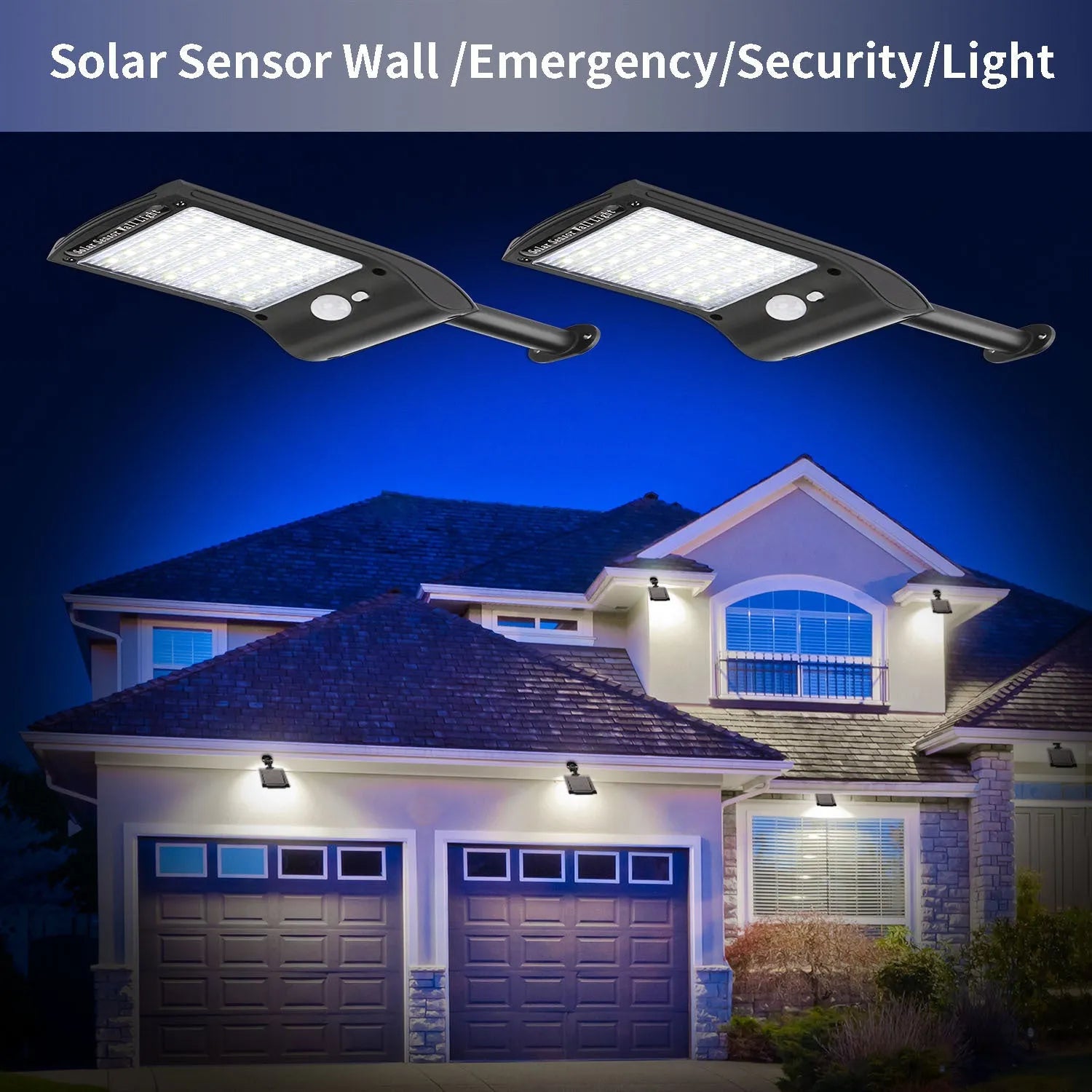 Black solar-powered outdoor wall light with 36 LEDs, a large motion sensor, and an adjustable mounting pole.