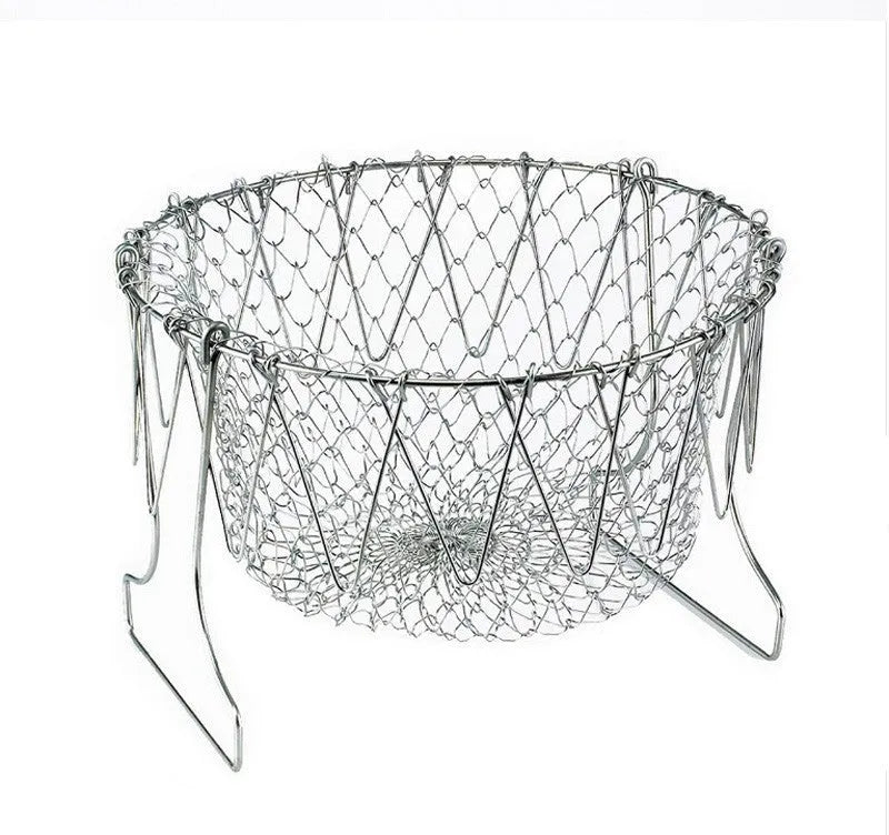 Stainless steel foldable deep fry basket with square grid design for kitchen use