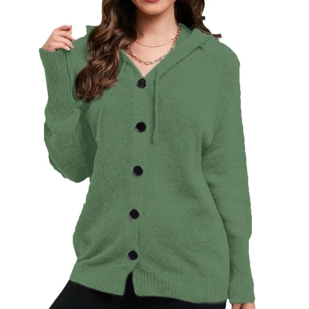Women's loose fit hooded cardigan sweater in thick cotton fabric, shown in a solid colour.