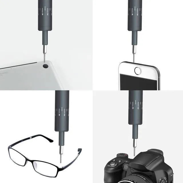 Black pen-type electric screwdriver with aluminium casing showing torque adjustment settings