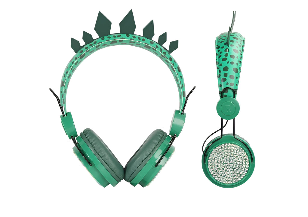 Green dinosaur children's headset with soft earmuffs and 3.5mm plug on a plain background