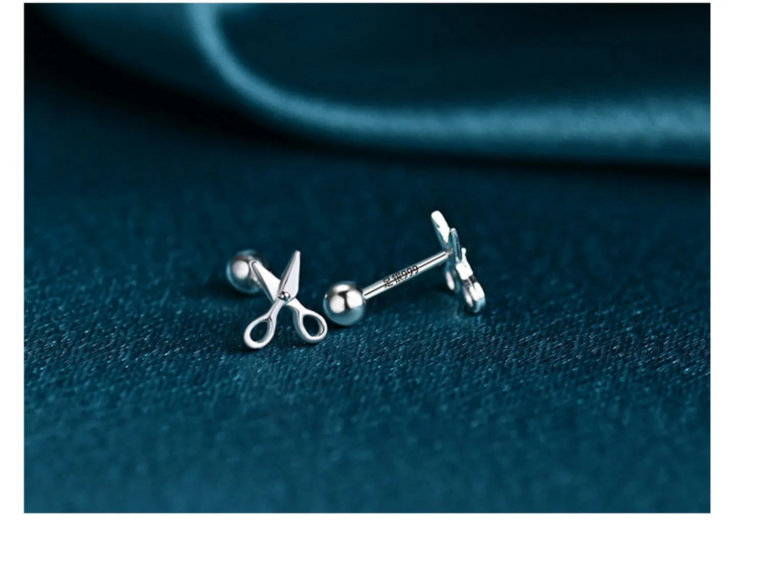 S999 pure silver ear studs with screw-back fastening and mini scissors design