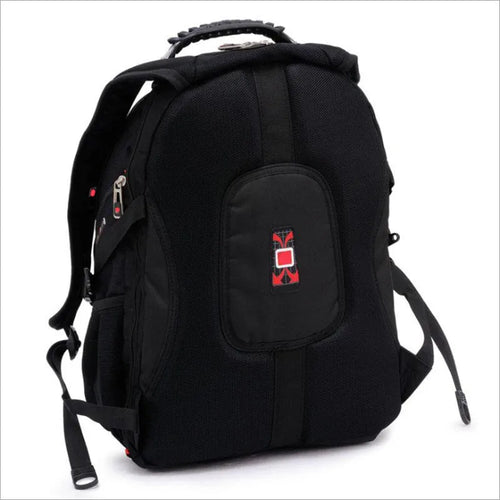Black business backpack with multiple compartments open, showing padded laptop sleeve and organiser pockets.