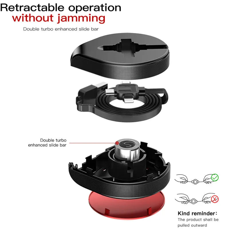 Telescopic 3-in-1 fast charging cable extended to 1 metre with magnetic connectors
