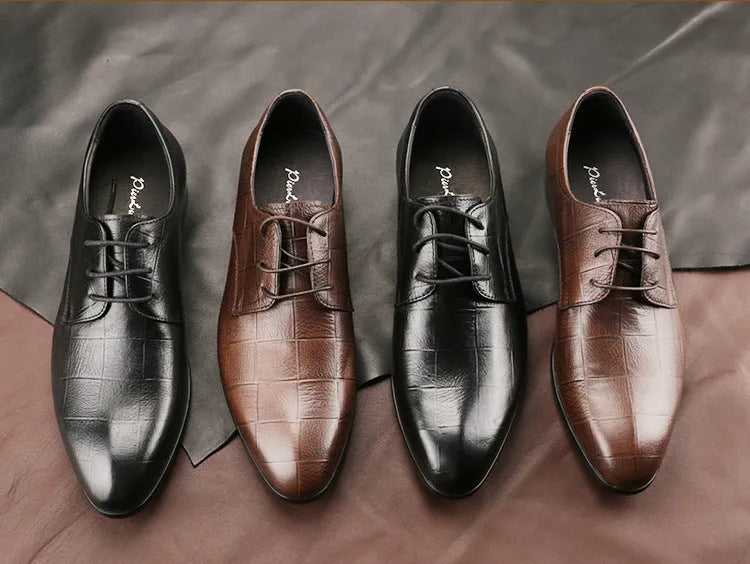 Men's black leather derby shoes with a checkered pattern on the pointed toe.
