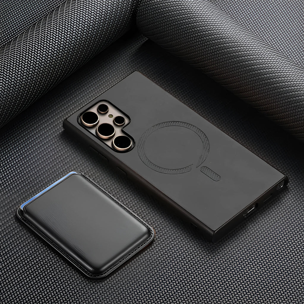 Ultra-thin silicone anti-fall phone cover for Samsung Galaxy with card case and magnetic charging support in black colour