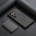 Ultra-thin silicone anti-fall phone cover for Samsung Galaxy with card case and magnetic charging support in black colour