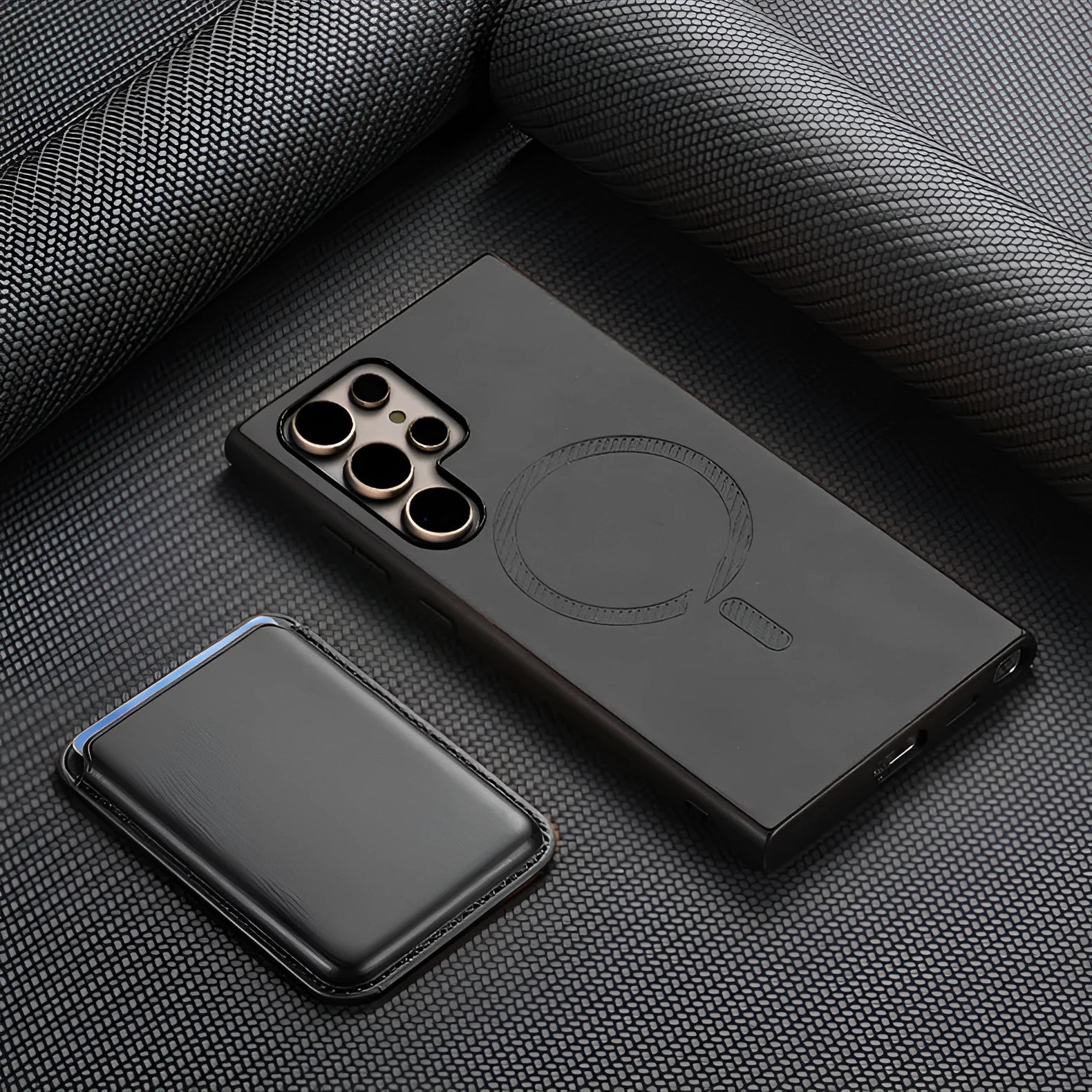 Ultra-thin silicone anti-fall phone cover for Samsung Galaxy with card case and magnetic charging support in black colour